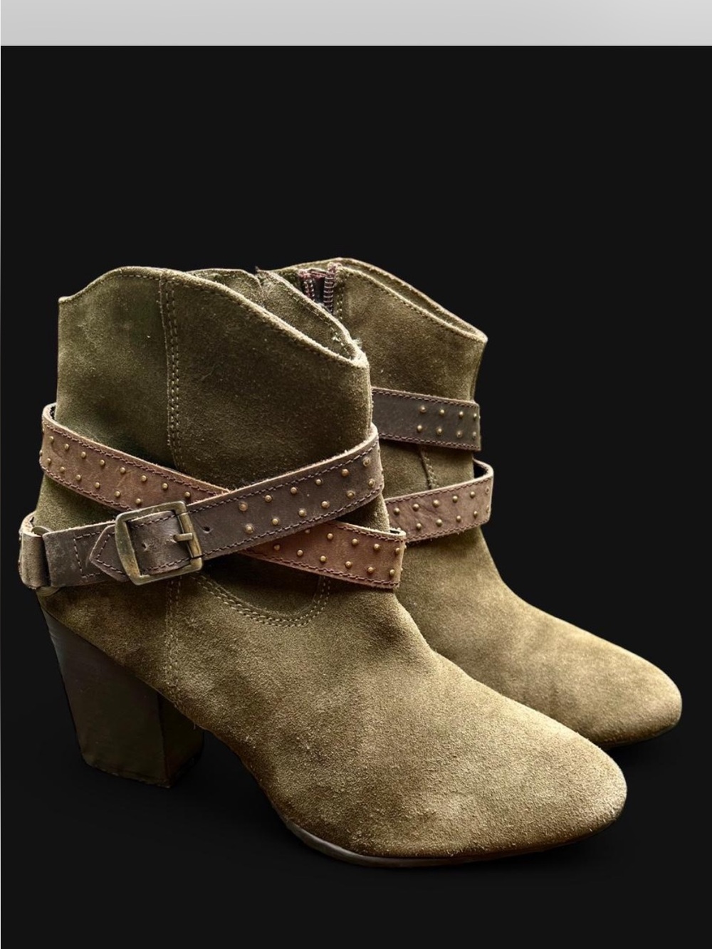 Women's Olive Suede Ankle Boots with Studded Strap, 8.5